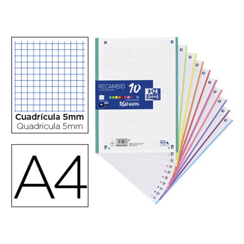 Recambio color oxford din a4 160 hojas 90 gr optik paper cuadro 5 mm 4 taladros banda 10 colores Recambio color oxford din a4 160 hojas 90 gr optik paper cuadro 5 mm 4 taladros banda 10 colores