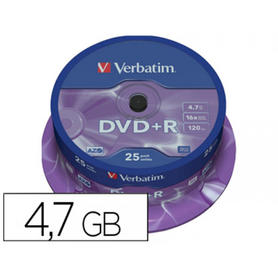 Dvd+r verbatim capacidad 4.7gb velocidad 16x 120 min tarrina de 25 unidades