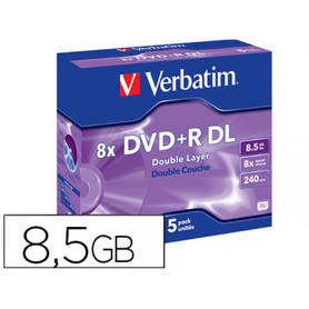 Dvd+r verbatim doble capa capacidad 8.5gb velocidad 8x 240 min pack de 5 unidades