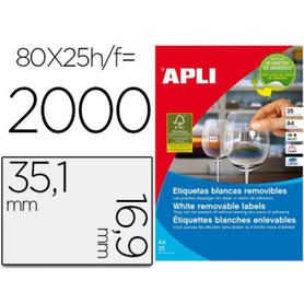 Etiqueta adhesiva apli 35,6x16,9 mm fotocopiadora laser inkjet caja 25 hojas din a4 con 2000 etiquetas