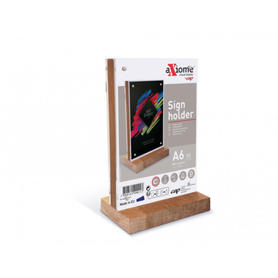 Expositor sobremesa cep magnetico con forma de t din a6 cristal y base de madera 162x100x60 mm