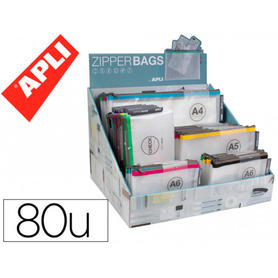 Bolso multiuso apli zipper bags transparente expositor de 80 unidades colores y tamaños surtidos