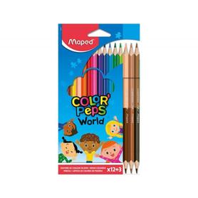 Lapices de colores maped color peps world caja de 12 colores surtidos + 3 duo tonos de piel